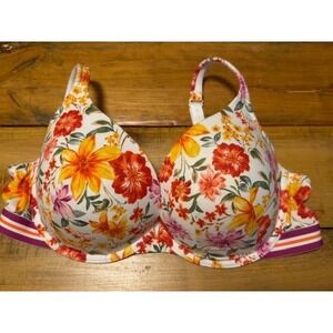 Cacique Women Floral Print Boost Plunge Bra 40DD White Orange